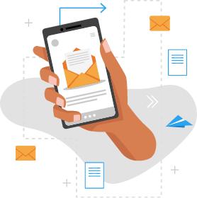 Dispositivo móvil ilustrado que muestra el correo electrónico y las aplicaciones empresariales.