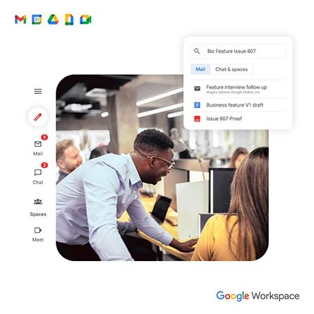 Bildschirmaufnahme des Posteingangs von Google Gmail und Bild eines Managers, der im Büro zu seinen Angestellten blickt.