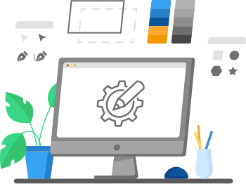 Computador rodeado de herramientas de diseño en línea que representan instrucciones para crear diseños