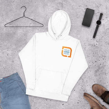 Sample custom premium hoodie surrounded by watch, phone, and shoes
