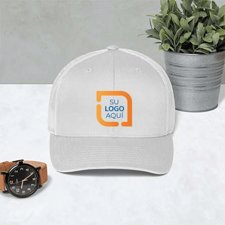 Custom trucker hat laying on counter with watch as a lifestyle preview