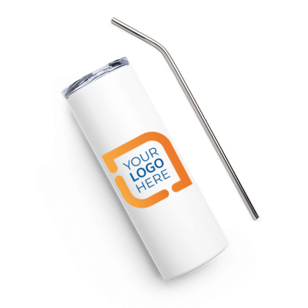 Sample custom stainless steel tumbler with reusable lid and metal straw laying on surface with logo design printed on front