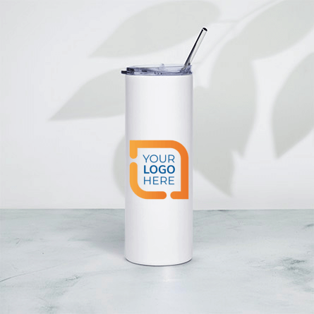 Sample stainless steel tumbler with lid and straw and printed logo design lifestyle image on flat surface