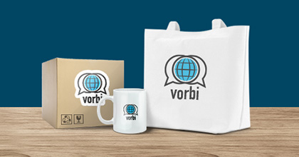 Promotional products such as tote bags mugs and stickers with sample logo design