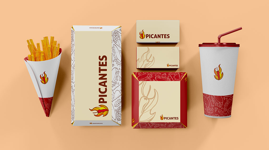 Picantes logo created using Logo Maker for a fast-food business specialized in hot spicy food, used in restaurant papercraft such as soda cups, burger case and french fries cone